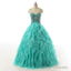 Spaghetti Straps Lace Up Beaded Long Prom Dress, Crystal Turquoise Ball Gowns Prom Dress, Cascading Ruffles Tulle Prom Dress