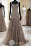 Mermaid Lace Up Brown Tulle Modest Beading V Neck Prom Dresses