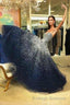 A Line Navy Blue Beading Tulle Prom Dress