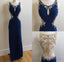 Long Dark Blue Chiffon Beaded Crystals Prom Dresses, See Through Back Mermaid Formal Gown Sexy Prom Prom Dresses