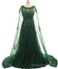 Elegant Women Beaded Lace With Long Appliques Tulle Cape Emerald Green Prom Dresses