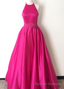 Custom Made Halter Neck SatinFloor Length Long with Jewel Beaded Waistline Prom Dresses