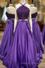Purple 2 Piece Lace Prom Dress Halter Long Evening Gowns With Pockets