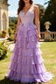 Purple A-Line Beaded Corset Tiered Ruffle Long Prom Dress with Lace Up Back