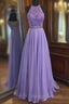 Purple A-Line Chiffon Lace Prom Dresseses
