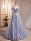 Purple A-Line Tulle Long Formal Prom Dress, Off Shoulder Purple Graduation Dress