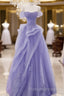 Purple A-Line Tulle Off Shoulder Long Prom Dresses Purple Lace Prom Dresses