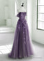 Purple A Line Tulle With Lace Long Formal Dress, Purple Prom Dress