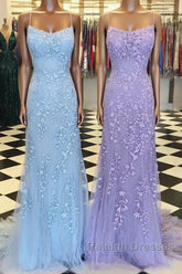 Purple/Blue Mermaid Backless Lace Prom Dresses, Purple/Blue Mermaid Backless Lace Formal Graduation Evening Dreses