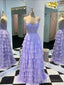 Purple Chiffon Layers Sweetheart Lace Long Prom Dress, Purple Long Prom Dress