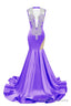 Purple Deep V Neck Mermaid Satin Prom Dresses Sparkly Beaded Pageant Crystals Prom Formal Dresses