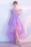Purple High Low Off Shoulder Lace Applique Prom Dress Light Purple Homecoming Dress