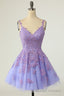 Purple Homecoming Dresses Spaghetti Straps Short Prom Dresses A Line V Neck Tulle Lace Backless