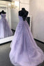 Purple Lace Long A Line Prom Dress, Spaghetti Strap Backless Prom Dress