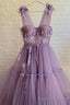 Purple Lace Long Prom Dress, A Line Purple Prom Graduation Dress