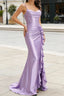 Purple Mermaid Corset Ruched Prom Dresses Long with Ruffled Slit