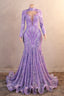 Purple Mermaid Prom Dresses Hight Neck Sequins Long Sleeve Prom Dresses