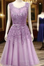 Purple Round Neckline Tulle Short Beaded Lace Knee Length Homecoming Dress
