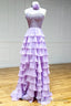 Purple Ruffle Chiffon Halter Prom Dress