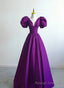 Purple Satin A Line Short Sleeves Long Formal Dress, Purple Prom Dress