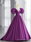 Purple Satin Puff Sleeve Backless Prom Dress