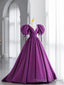 Purple Satin Puffy Sleeves Long Prom Dress, Dark Purple Prom Dress