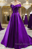 Purple Satin Sweetheart Long Party Dress Prom Dress, Off Shoulder Purple Evening Dress