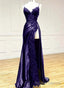 Purple Satin with Lace V Neckline Straps Long Prom Dress, Black Prom Dress