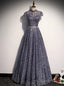 Purple Sequins High Neck Cap Sleeve Pearls Prom Dress