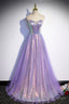 Purple Sequins Long A Line Prom Dress, Purple Strapless Prom Graduation Dress