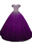 Purple Sequins Off Shoulder Ball Gowns Sweet 16 Gowns Lace-Up Tulle Purple Prom Dress