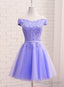 Purple Short Sleeves Lace Off Shoulder Prom Dress, Cute Purple Homecoming Dress