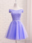 Purple Short Sleeves Lace Off Shoulder Party Dress, Cute Purple Homecoming Dress