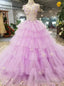 Purple Tulle High Neck Corset Backless Appliqeus Wedding Dress With Long Train
