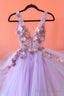 Purple Tulle Lace Long A Line Prom Dress, V Neck Prom Prom Dress