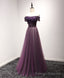 Purple Tulle Lace Off Shoulder Long Prom Dress, Purple Prom Dress