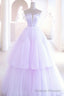Purple Tulle Long A Line Prom Dress, A Line Strapless Prom Gowns
