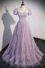 Purple Tulle Long A Line Prom Dress, Purple Short Sleeve Prom Prom Dress