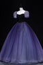 Purple Tulle Long A Line Prom Dress, Purple Short Sleeve Princess Dress