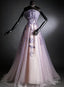 Purple Tulle Long Gradient Prom Dress with Flower Lace Applique, Light Purple Prom Dresses