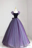 Purple Tulle Long Prom Dress with Velvet, Cute A Line Short Sleeve Prom Dress