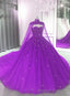 Purple Tulle Quinceanera Dress Lace Applique Beaded Cape, Purple Formal Dress Prom Dress