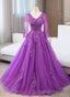 Purple Tulle with Lace Applique Long Sleeves Prom Dress, Purple Tulle Prom Dress