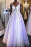 Purple v neck lace applique Prom Dresses Long purple Prom Dresses