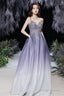 Purple V-Neck Lace Long Prom Dresses Purple Gradient Prom Dresses With Pockets
