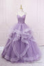 Purple V Neck Tulle Long Prom Dress, Spaghetti Straps A Line Prom Dress