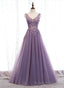 Purple V Neckline Tulle with Lace Floor Length Prom Dress,Purple Prom Dress