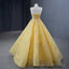 Quinceanera Dress Elegant Yellow Strapless Sequins Ball Gown Lace Up Pleated Evening Dress