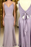 Straps Purple A Line Long Bridesmaid Dresses with Tie Back