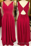 Ruched Red V Neck A Line Long Bridesmaid Dresses